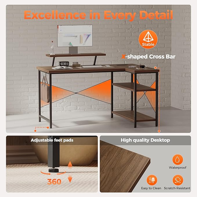 Mericonia 48 in Corner Desk with Monitor Stand, Small L Shaped Gaming Desk | Reversible Computer Desk with Power Outlets, LED Light & Storage Shelves, Office Table for Home Bedroom Study Work Writing - Image 6