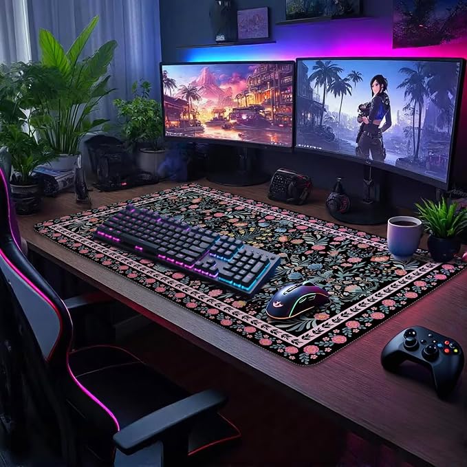 Black Floral Desk Mat Large Mouse Pad 31.5"x15.7" Non-Slip | Extended Mousepad, Non-Slip Rubber Base , Stitched Edges, for Computer/Laptop/Office/Home - Image 6