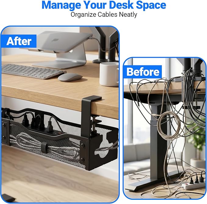 Cable Management Tray Under Desk - 25" No Drill Cord Management Under Desk with Clamp, Metal Desk Cable Organizer & Wire Management Tray for Standing Desk, Home Office Cord Organizer, Black - Image 5