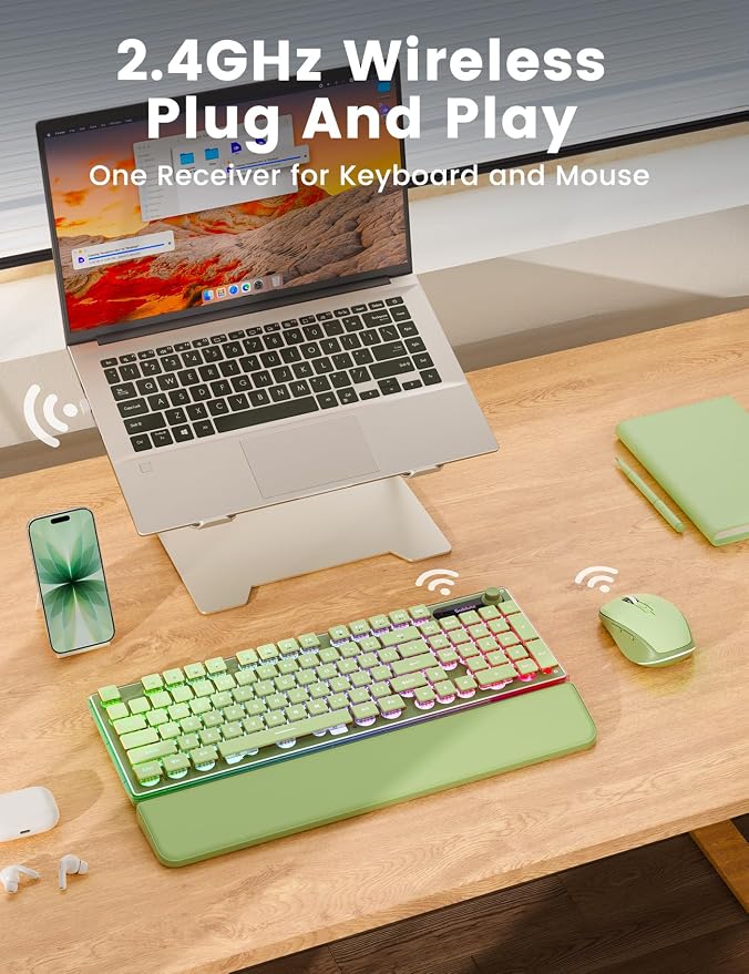 Wireless Keyboard and Mouse Combo - 9 Backlit Effects, Wrist Rest, Double-Shot Keycaps, Metal Panel, Long-Lasting Rechargeable, 2.4G Keyboard Mouse Set for Windows Mac PC Laptop – Sablute (Green) - Image 8