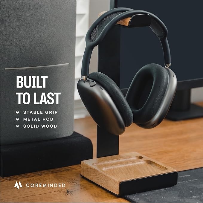 COREMINDED Universal Headphone Stand for Desk, Oak Wood Headset Holder | Fits All Headphones incl AirPods Max, Heavy Duty Solid Wood, Sturdy & Stable, Gaming Headset Organizer, Gift Ready Box - Image 2
