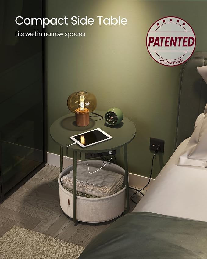 VASAGLE Side Table with Charging Station,Fabric Basket, Round End Table - Image 5