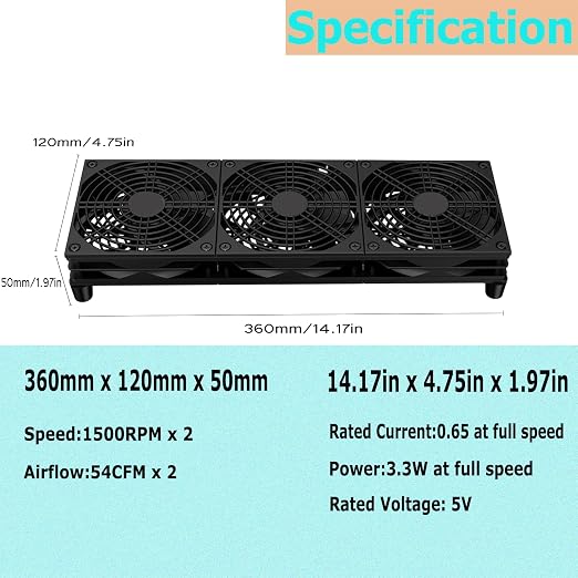 VTRETU Router Cooling Fan for Computer Cooler Audio Video Network Cabinet Server Cooling Project Equipment and Workstation DC 5V USB Power 120mm 360mm Fan with Switch - Image 4