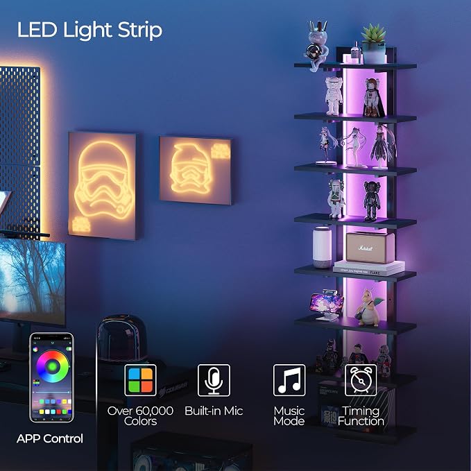 LED Wall Mounted Display Shelf with RGB Lights, 8-Tier Vertical Wall Shelf for Gaming Room, Bedroom and Living Room, Floating Shelves for Collectibles and Decor, 15"W x 5.5"D x 58.3"H, Black - Image 4