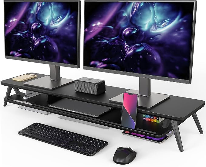 Fenge Dual Monitor Stand Riser, Wooden Desk Shelf with 2-Tier Storage | 42.5-Inch Wide, Sturdy Aluminum Legs, Built-In Phone & Tablet Slot, Desktop Organizer for Office Accessories by Fenge