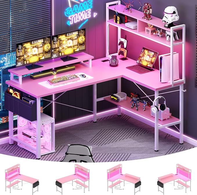 Aheaplus L Shaped Gaming Desk with Power Outlets & LED Lights, Pink by Aheaplus