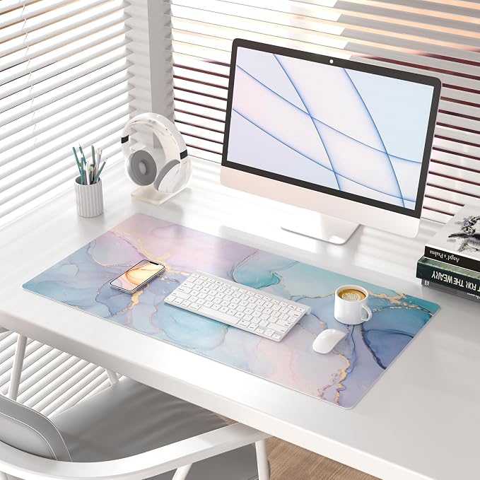 QiyI PU Leather Large Mouse Pad, 31.5" x 15.7", Blue Pink Fluid | Desk Décor Accessories, Extended Size, Waterproof & Easy to Clean, Smooth Surface, Non Slip Desk Organization - Image 3