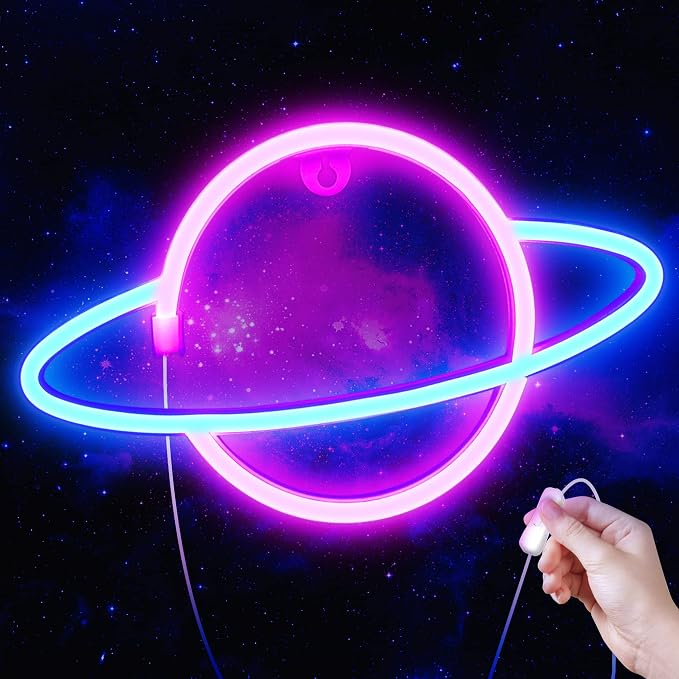 Lumoonosity Planet Neon Sign - USB Powered Saturn LED Light with On/Off Switch, Planet Led Sign for Wall Decor - Aesthetic Hanging Saturn Neon Light for Bedroom, Gaming Room by Lumoonosity
