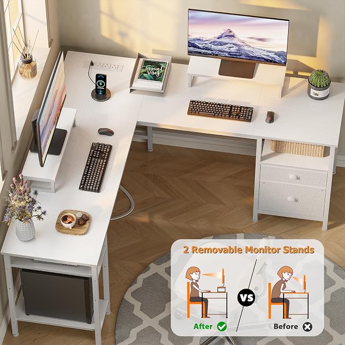 Furologee White 59” L Shaped Desk with Power Outlet, Reversible Computer Desk with File Drawer & 2 Monitor Stands, Corner Home Office Table with Storage Shelves for Gaming Writing - Image 5