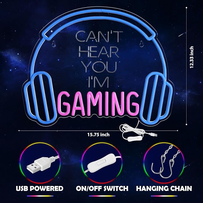 Kavaas Gaming Neon Sign, Can't Hear You I'm Gaming Headset LED Sign for Game Room Wall Decor - Headphone Neon Light Signs - Best Gamer Gifts for Teen Boys, Kids - Image 5