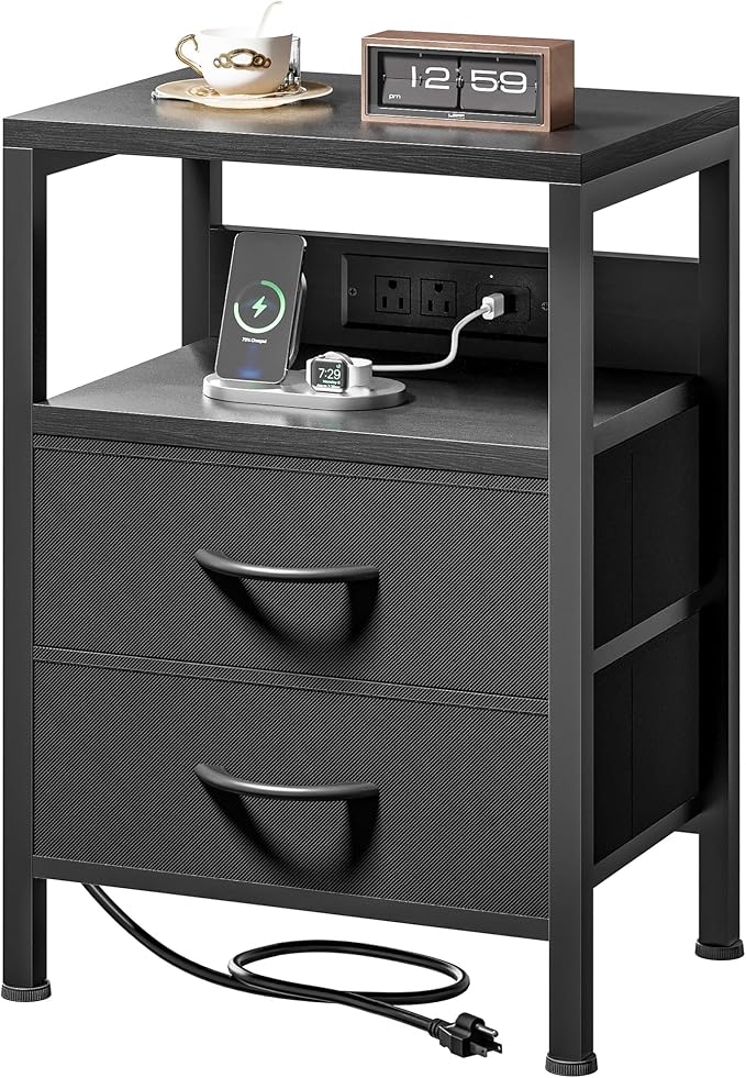 Lazzanto Night Stand with Charger Station for Bedroom, Black Nightstand by Lazzanto