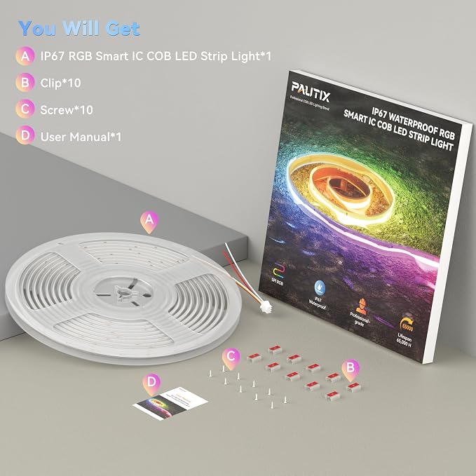 PAUTIX IP67 Waterproof RGB Smart IC COB LED Strip Light, Chasing Color RGB COB LED Lights, UL-Listed Addressable 24V Multicolor 16.4ft, for Outdoor Indoor Lighting Projects(Without Controller&Adapter) - Image 6