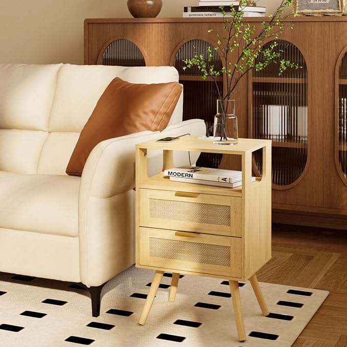 JOONEE Rattan Nightstand with Charging Station,Farmhouse Bedside Table with 2 Storage Drawer and Open Wood Shelf, for Bedroom and Small Spaces,Night Stand with Solid Wood Legs (Yellow Oak-Outlet) - Image 8