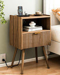 JOONEE Nightstand with Outlet,Modern Bedside Table with Storage Drawer and Open Wood Shelf, for Living Room, Bedroom and Small Spaces, Accent Night Stand with Solid Wood Legs, Easy Assembly,Brown by JOONEE