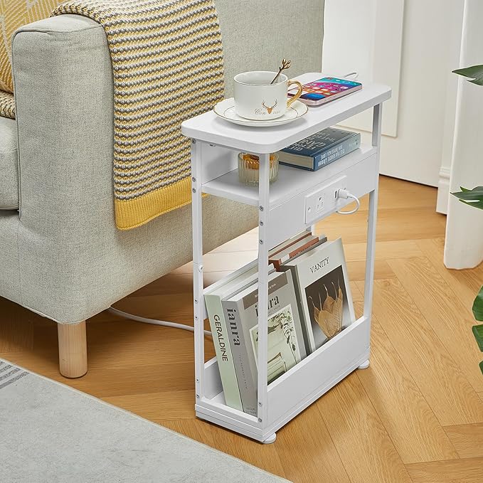 YEAKOO Narrow Side Table with Charging Station, 3-Tier End Table with 2 USB Ports & Power Outlets,Thin Sofa Side Table for Narrow and Small Spaces, Bedside Table Nightstand for Living Room,White - Image 5