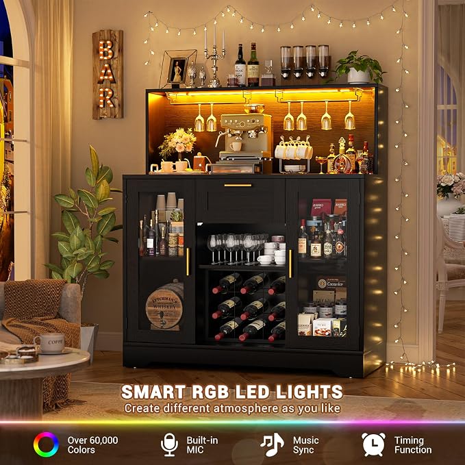 Unikito Coffee Bar Cabinet with LED Light and Storage Hutch, Black - Image 4