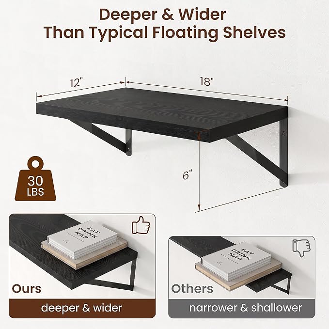Axeman Deep Floating Shelves, 18'' x 12'' Black Wall Shelves Set of 2 - Image 3
