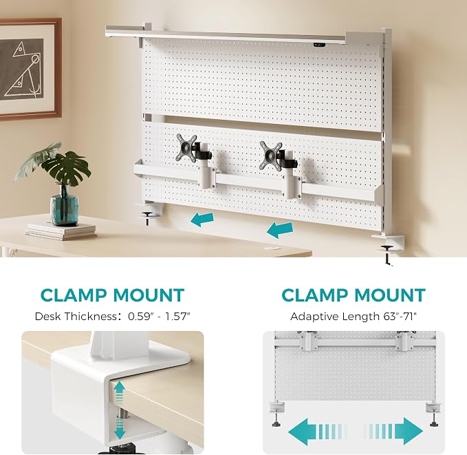 EUREKA ERGONOMIC Desk Pegboard Dual Monitor Stand 59x34 White | Large steel pegboard with dual monitor stands, LED lighting, privacy panel and modular accessories for gaming desks - Image 8