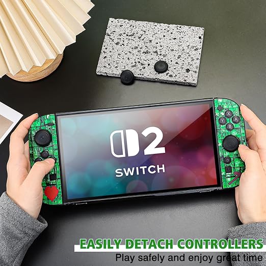 DLseego Protective Hard Case for Nintendo Switch 2 (2025), Soft Grip Cover for Handle, Detachable Joy-C Controller shockproof & scratch-resistant Console Shell, 4 Thumb Grips, Grid - Green - Image 4