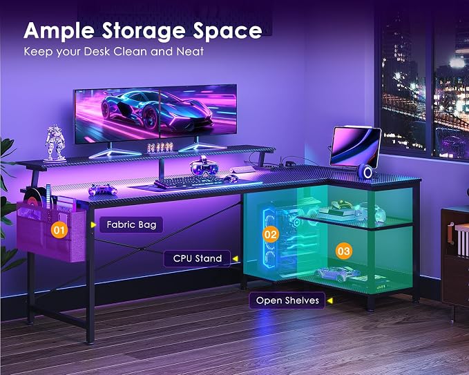 ODK 66 Inch L Shaped Gaming Desk with LED Lights, Power Outlets, Black - Image 7