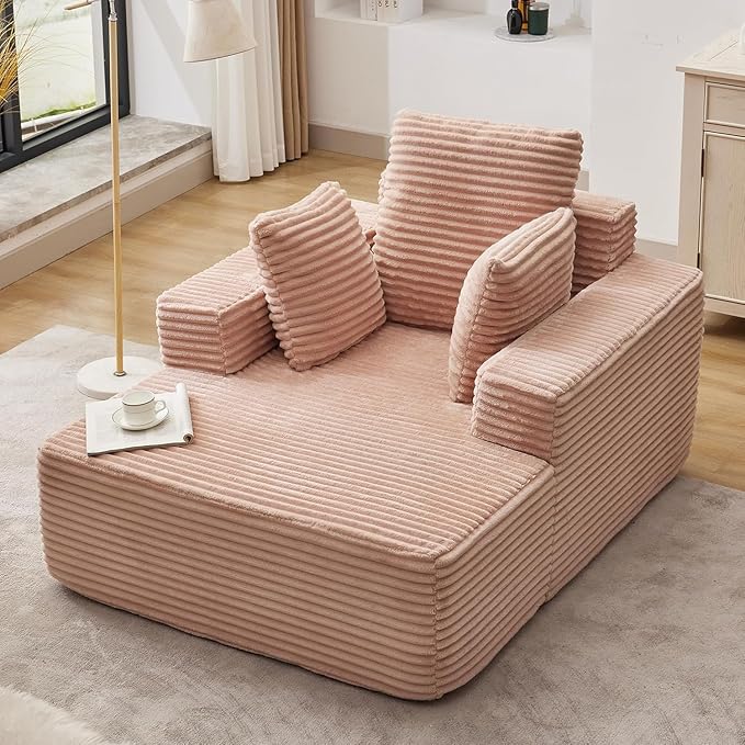 Boneless Chaise Lounge Chair, 54" Oversized Cloud Couch Sofa with Deep Seat, Plush Corduroy Reading Chair for Living Room, Bedroom, Reading Nook, Apartment, Gaming Room & Movie Nights, Pink - Image 7
