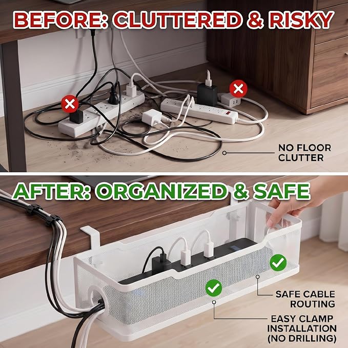 Under Desk Cable Management Tray, No Drill Cable Organizer for Desk, Metal Wire Management Basket with Clamp Mount, Cord Organizer Holder for Standing Desk, Home Office and Gaming Setup - Image 2