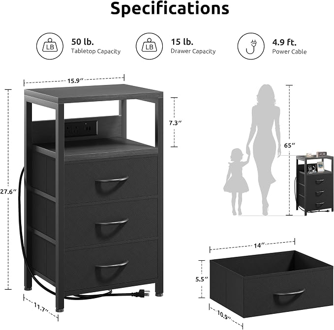 Lazzanto Night Stand with Charger Station, 3 Fabric Drawers, Black - Image 2