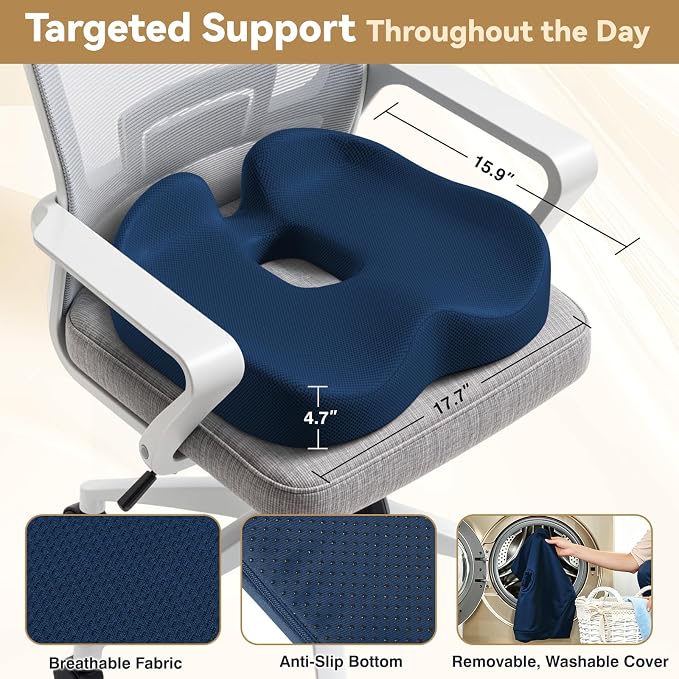 TushGuard 5-Zone Ergonomic Seat Cushion with Coccyx Cutout, Blue | Office Chair Cushions for Tailbone Pain, Non-Slip Bottom, Breathable Washable Mesh, Versatile Use for Car, Office, Wheelchair - Image 3