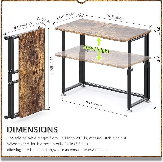4NM No Assembly 31.5" Small Desk, Folding Portable Desk with Wheels, Adjustable Height Foldable Computer Home Office Desks, Collapsible Study Writing Table for Space Saving Bedroom - Rustic Brown - Image 2