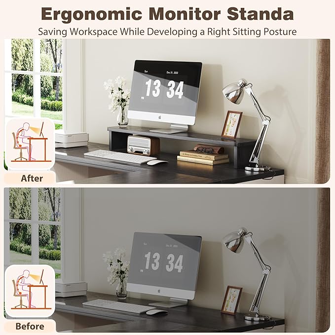 HUAHUU 78" Farmhouse L Shaped Executive Desk with Drawers, Modern Computer Desk with Power Outlets, Office Writing Desk with Monitor Stand & Storage Cabinet, Printer Shelf, Antique White - Image 6