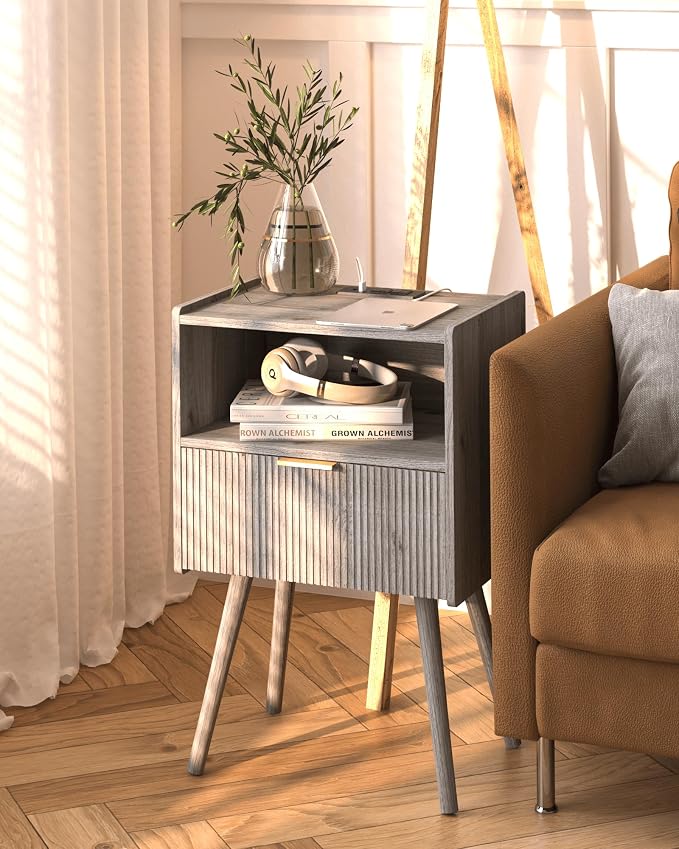 JOONEE Nightstand with Outlet,Modern Bedside Table with Storage Drawer and Open Wood Shelf, for Living Room, Bedroom and Small Spaces, Accent Night Stand with Solid Wood Legs, Easy Assembly,Grey Oak - Image 7
