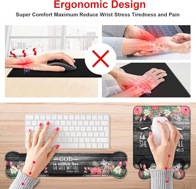 Wrist Rest Support Ergonomic Gel Mouse Pad & Memory Foam Keyboard Set, Non-Slip Rubber PU Base for Home Office Working Studying Easy Typing & Pain Relief - Floral Quote Bible Verses Psalm 46:5 - Image 3