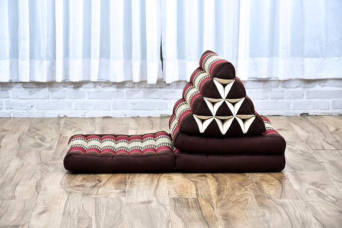 Leewadee - Comfortable Japanese Floor Mattress Used As Thai Floor Bed with Triangle Cushion, Futon Mattress Or Thai Massage Mat, 67 x 21 inches, Brown Red | Floor & lounge cushion for relaxing, reading & TV - for meditation & yoga, firm & stable - Image 8