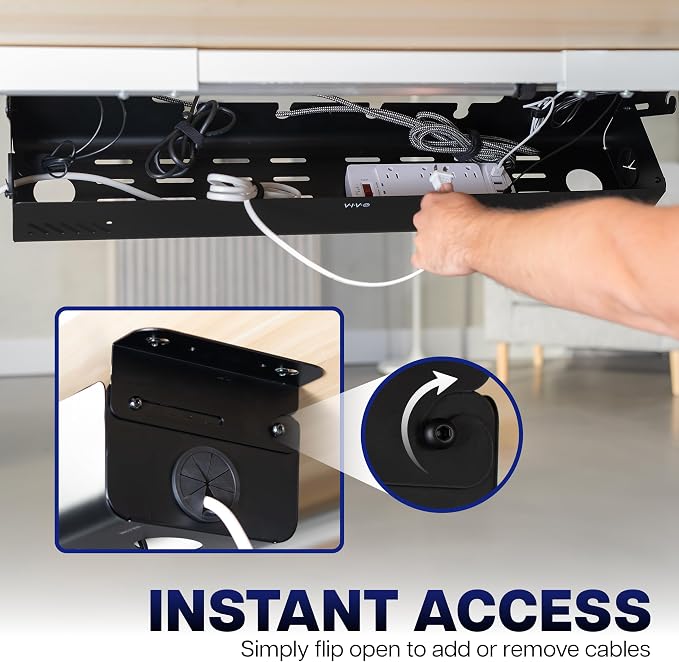 VIVO 35 inch Screw-On Under Desk Cable Management Box with Flip-Open Lid, Easy-to-Open Steel Cord and Power Strip Organizer, Cable Organizer Tray, 11 lbs Capacity, Black, DESK-ACMB35-S - Image 3