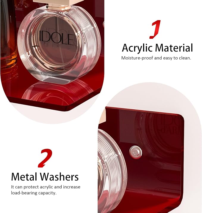 Sezanrpt 6 Inches Acrylic Small Wall Shelves, Red Floating Shelf for Wall Mounting, Acrylic Display Ledges for Funko Pop Figures, Home Décor, Living Room, Gaming Room, Plants, 2 Pack - Image 5