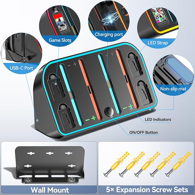 Switch 2 Wall Mount Charging Dock for 2025 Joycon 2, Wall Mount Kit Shelf for Nintendo Switch 2 Accessories, RGB Charger Dock Station with 4 Game Storage Holder for Nintendo Game Console Holder Stand - Image 2