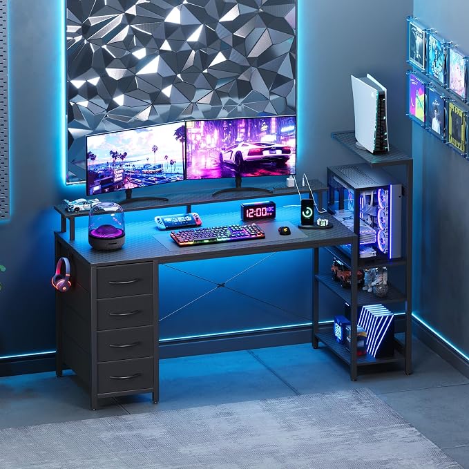 59 Inch Gaming Desk with Drawers & PC Tower Stand & LED Lights, Black - Image 2