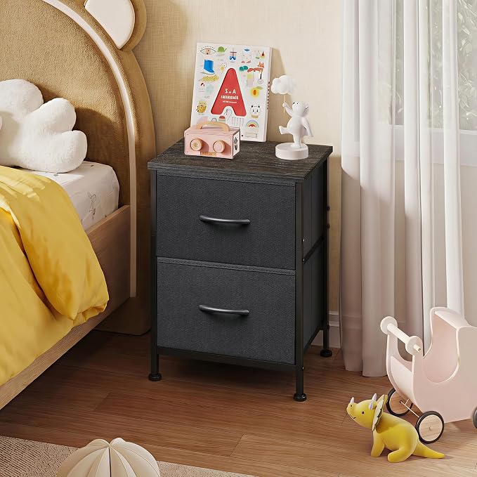 WLIVE Black Night Stand, Small Dresser with 2 Drawers & Wooden Top, Nightstand with Fabric Bins, Bedside Table End Table for Bedroom, Closet, Entryway, College Dorm, Charcoal Black - Image 8