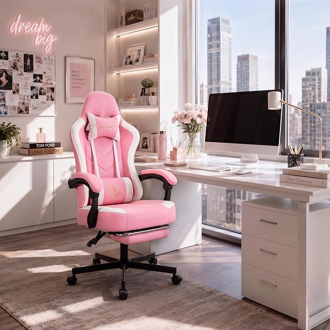 Desk Computer Gaming Chair - High Back Ergonomic Office Chair with Footrest and Lumbar Support, Swivel Comfy Home Gamer Video Game Chairs with Pocket Spring Cushion for Adults (Pink Leather) - Image 8