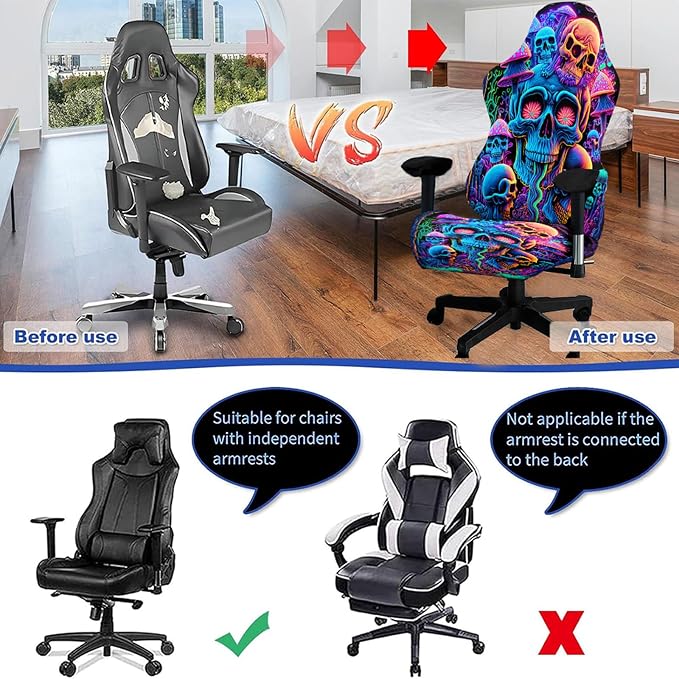 Blacklight Gaming Chair Cover – UV Reactive Esports Chair Protector with Neon Skull Mushroom Design, Stretchable Washable Slipcover for Office & Gaming Chairs - Image 5