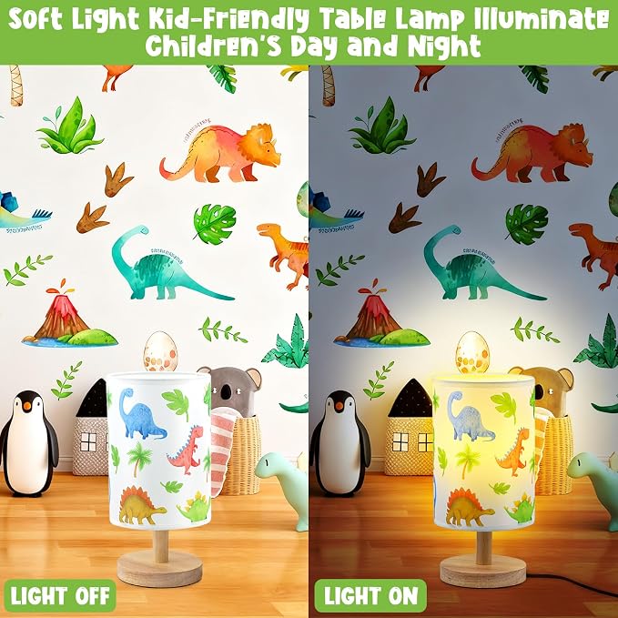 Dinosaur Table Lamp for Kids Bedroom - Cartoon Dinosaur Bedside Lamp with Linen Lampshade Wooden Stand Night Light for Boys Bedroom Living Room Nursery Room Decor Dino Gifts for Boys - Image 7