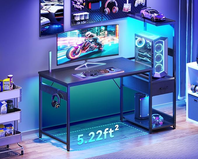 Casaottima 48'' Gaming Desk with LED Lights & CPU Stand, Reversible Computer Desk with Storage Shelves & Fabric Drawer, Modern PC Gamer Table with Headphone Hook, Carbon Fiber Black - Image 4