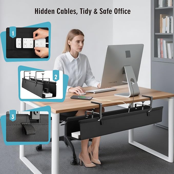 No Drill Large Under Desk Cable Management Tray, Fabric Cord Hider for Wire Organizer, Clamp/Screw Mount Cord Organizer, Standing Desk Cable Management for Office Home (Large (36 Inch)) - Image 7