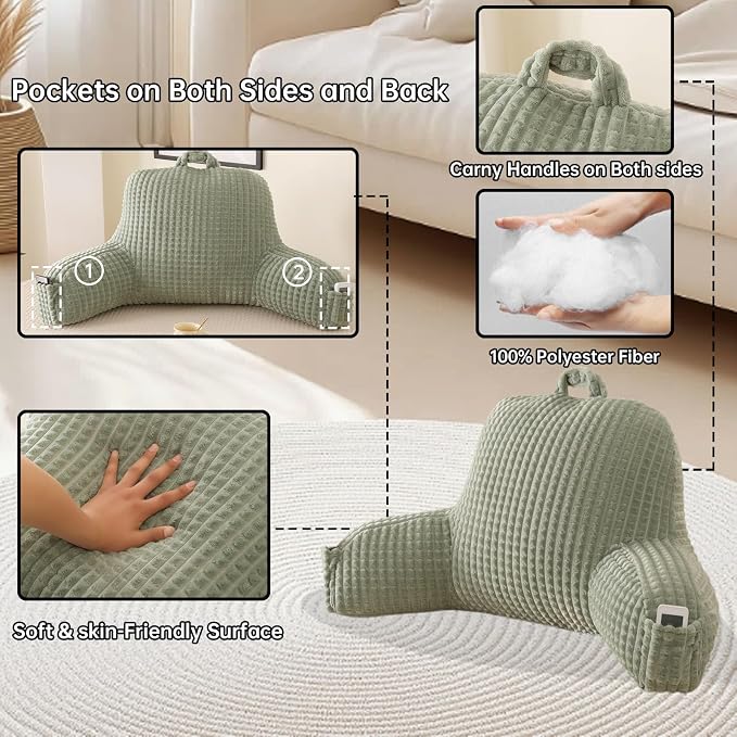 Reading Pillow with Arms for Sitting in Bed,Backrest,Green Flannel,M | 17" Backrest Supports Back for College Students,Elbows & Forearms for Dorm Reading,Gaming,Watching TV - Image 5