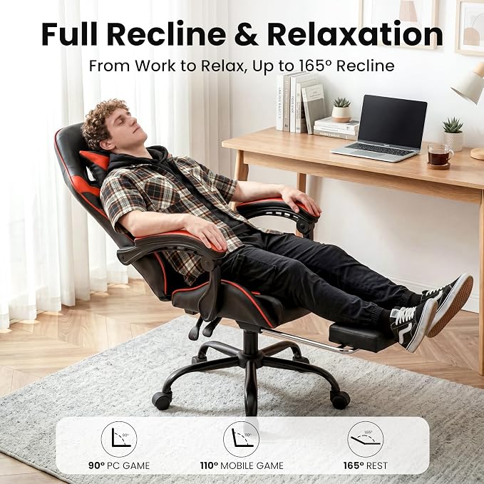 Gaming Chair, Ergonomic Footrest, Lumbar & Headrest(Red Black) | Steel frame, PVC leather & memory foam; 330 lb; 21" seat; 360° swivel, 90–155° recline; easy assembly; gaming & work - Image 4