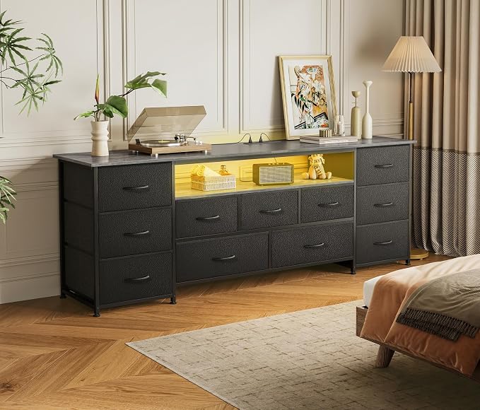 Huuger 63 Inch TV Stand for 65, 70 Inch TV, 11 Drawer Long Dresser with Power Outlets and LED Lights, Entertainment Center with Storage, Grey Dresser with PU Leather Surface - Image 7