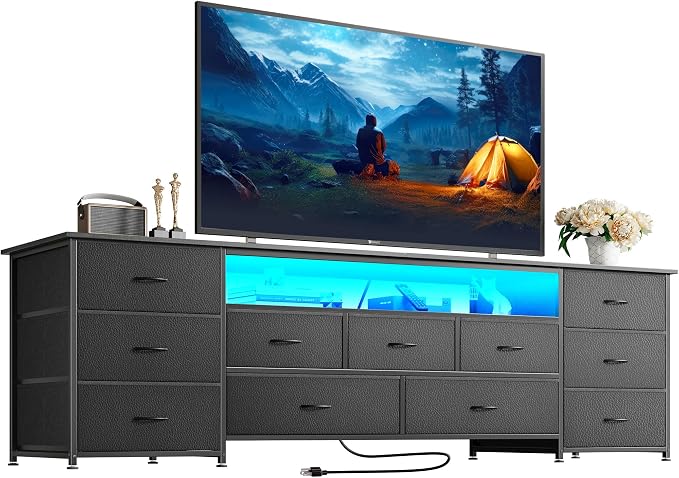 Huuger 70 Inch TV Stand for 75, 80 Inch TV, 11 Drawer Long Dresser with Power Outlets and LED Lights, Entertainment Center with Storage, Black Dresser with PU Leather Surface by Huuger