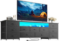 Huuger 70 Inch TV Stand for 75, 80 Inch TV, 11 Drawer Long Dresser with Power Outlets and LED Lights, Entertainment Center with Storage, Black Dresser with PU Leather Surface by Huuger
