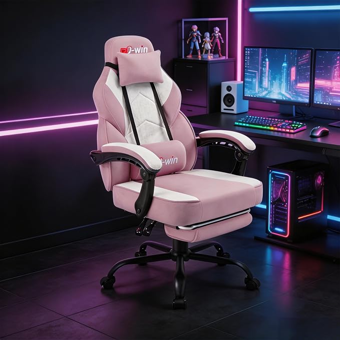 Shintenchi Big and Tall Gaming Chair Fabric Pocket Spring Cushion, High Back Recliner with Footrest and Headrest for Adults, Massage Lumbar Support for Home Office, Ergonomic Computer Desk Chair, Pink - Image 8