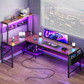 PRAISUN L Shaped Gaming Desk with LED Lights & Power Outlets | Reversible Computer Desk with Storage Shelves & Bag, Large Corner Home Office Desk for Work from Home, Rustic Brown by PRAISUN